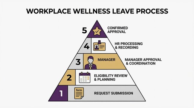Mental Health Workplace Policy concept. Pyramid diagram showing workplace wellness leave process and approval steps