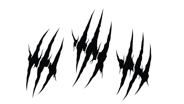 Set of three aggressive black claw marks or scratch effects on a white background symbolizing an attack by a wild animal or monster.