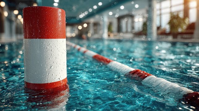 Red and white lane divider floating in indoor blue swimming pool with ample copy space for editorial use