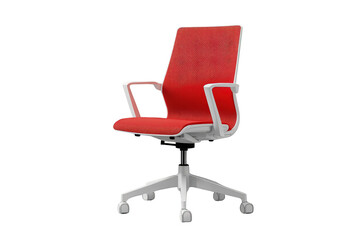 Obraz premium Red ergonomic office chair, a comfortable and modern swivel armchair for workspace and corporate environments, transparent background