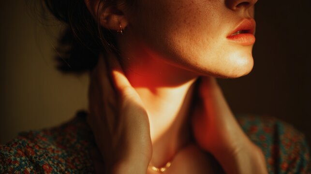Woman with freckles touching neck at sunset golden hour