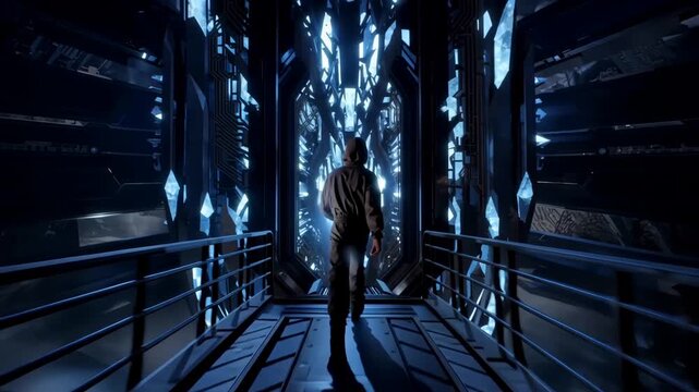 Engineer walks toward luminous data core vault through metallic walkway, silhouetted against crystalline server columns and pulsing blue lights industrial corridor, methodical steps, aura