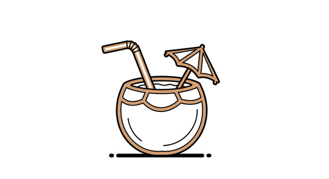 Coconut drink icon vector with umbrella and straw