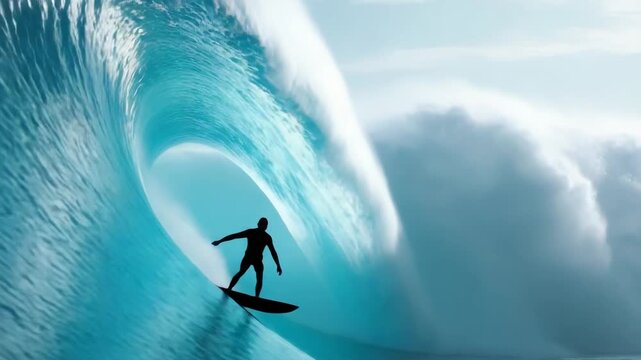 Surfer surfing big barrel tube wave