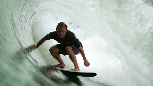 Surfer surfing big barrel tube wave