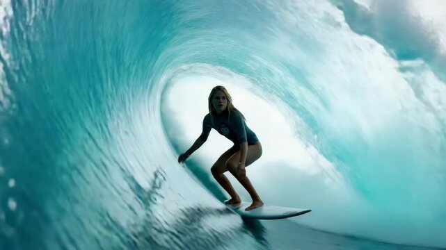 Surfer surfing big barrel tube wave