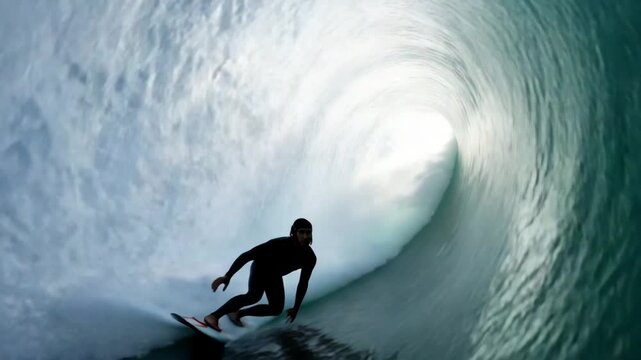 Surfer surfing big barrel tube wave