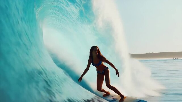 Surfer surfing big barrel tube wave