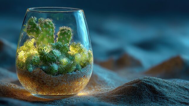 Surreal fluorescent green cactus growing inside crystal wine glass filled with golden sand set against stylized desert landscape. 