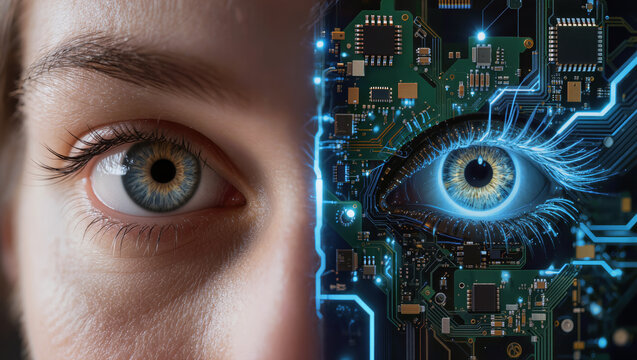 Human eye technology artificial intelligence cybernetic digital futuristic innovation blue closeup concept emotion are combined this creative image showing half human face and half circuit board