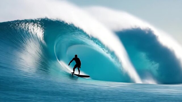 Surfer surfing big barrel tube wave