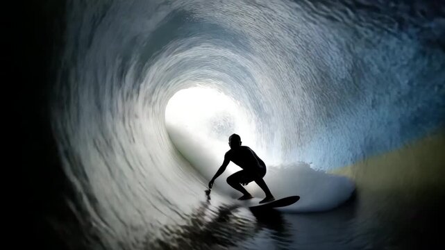 Surfer surfing big barrel tube wave