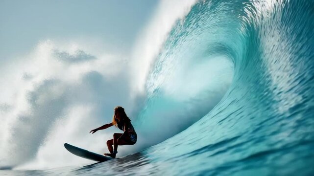 Surfer surfing big barrel tube wave