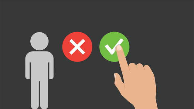 Hand pointing towards a green checkmark button next to a red cross button to select a person for a task or job.