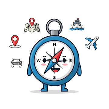 A cute cartoon compass character with travel icons surrounding it