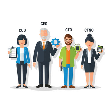 Diverse professionals, roles labeled COO, CEO, CTO, CFNO, holding relevant items
