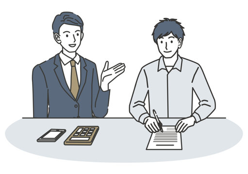 車の契約書にサインする男性のイラスト