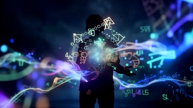Thinker conjures colorful data and symbol streams around silhouette, with swirling glyphs, mathematical notation and luminous ribbons of information creative, moody backdrop with focus