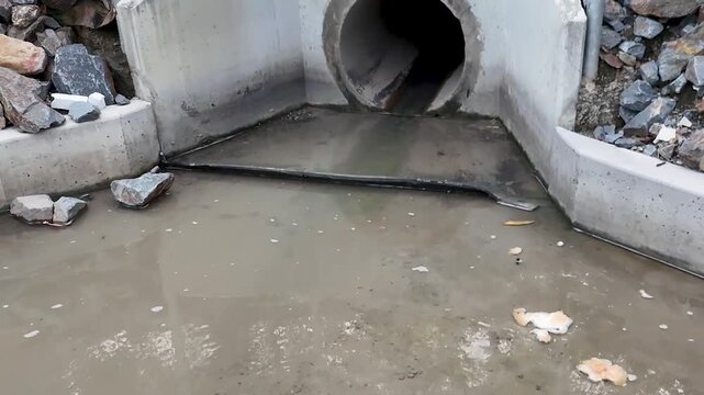 Close Up of Muddy Water Flowing from Concrete Drainage Culvert