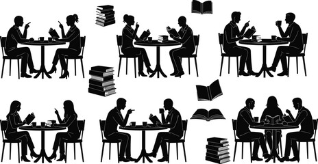 Fototapeta premium People reading and discussion silhouette vector set with men women sitting at table books conversation study illustration