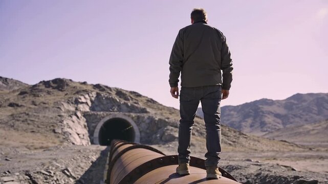 A person stands atop a large pipeline in a remote area. The landscape features rocky terrain and a tunnel in the background, suitable for various commercial projects