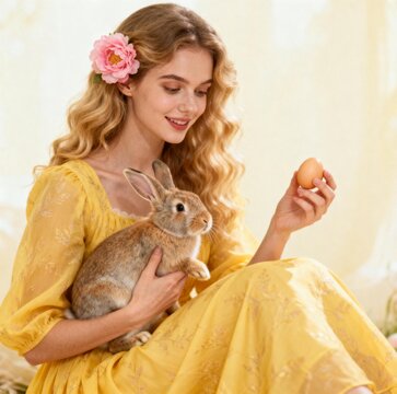 Woman in Yellow Dress Holding Rabbit and Egg