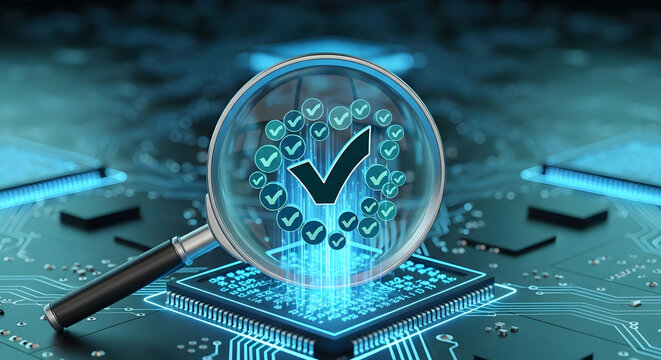 Digital System Verification and Quality Assurance Magnified on a High-Tech Circuit Board, Symbolizing Rigorous Data Integrity Checks and Advanced Security in Modern Technology