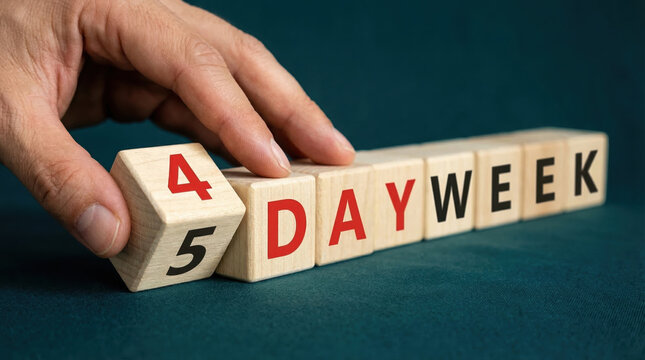 Hand, wooden, cube, four, day, work, week change office life toward balance