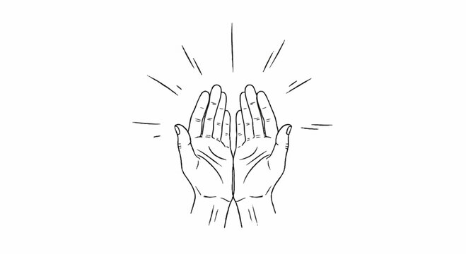 Hands together in prayer with sunburst lines symbolizing hope and spirituality in a simple black line art style