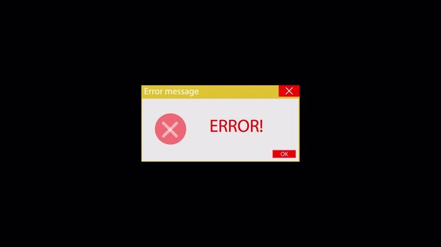 Error message notification on pc screen template animation on transparent background, error message icon sign banner with alpha channel.