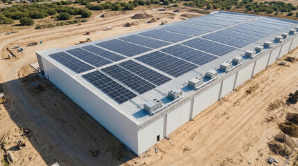Solar panel roof energy independence clean warehouse under bright sun