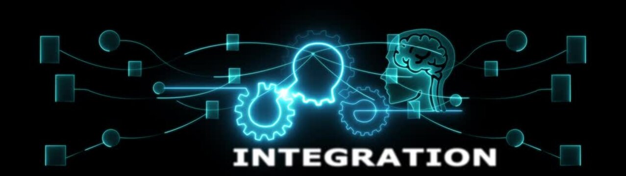 Integration transformation concept with futuristic technology and human brain synergy innovation tech evolution icon animation.