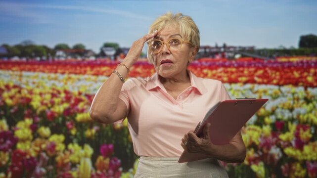 Woman senior hispanic holds pink clipboard and touches temple while adjusting glasses in studio tulip field with blurred rows of flowers; thoughtful reflection calm.