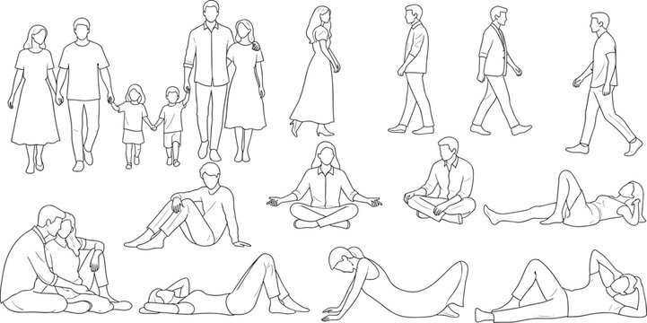 Hand drawn line art doodle set of diverse people families couples walking sitting and relaxing in different poses isolated on white background vector illustration