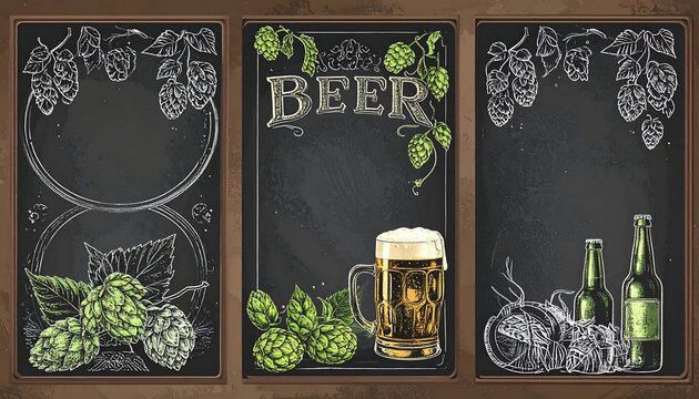 A triptych of chalkboard illustrations featuring beer and hops