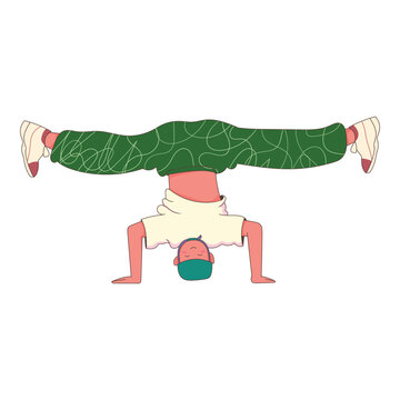 Flat vector illustration of a young b-boy performing a headspin move. Energetic character design for hip hop culture, street dance, urban sports, and modern youth lifestyle.
