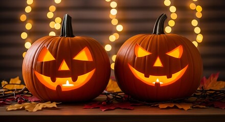 Fototapeta premium Glowing jack o lanterns on a wooden table with string lights