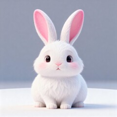 Obraz premium Cute Fluffy White Cartoon Bunny with Pink Ears