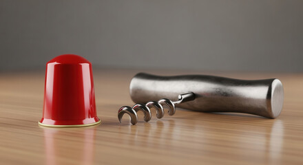 Corkscrew and red wine capsule placed on a wooden surface, showcasing essential tools for winemaking and wine service in a minimalist setting