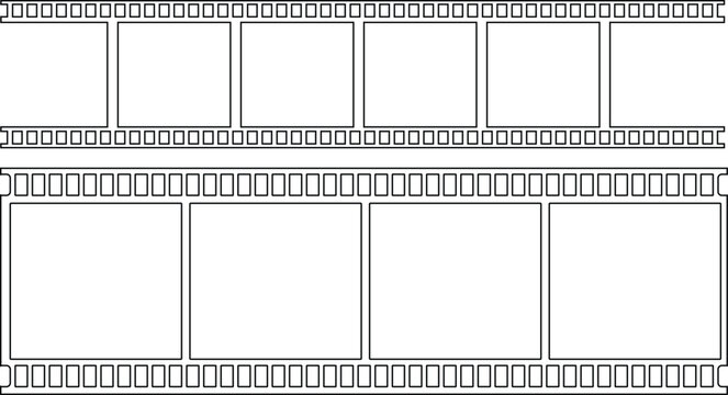 Grunge film strip icon set with vintage texture, distressed cinema frame collection, retro movie reel design group, old photography strip , analog media element for creative projects.