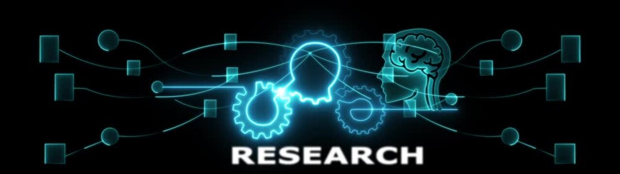 Research transformation concept with futuristic technology and human brain synergy innovation tech evolution icon animation.