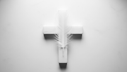 Naklejka premium White cross feather peace religion memorial spirit purity symbolic religious concept for Christianity, funeral sympathy or hope featuring a soft white plume on a stone cross setup.