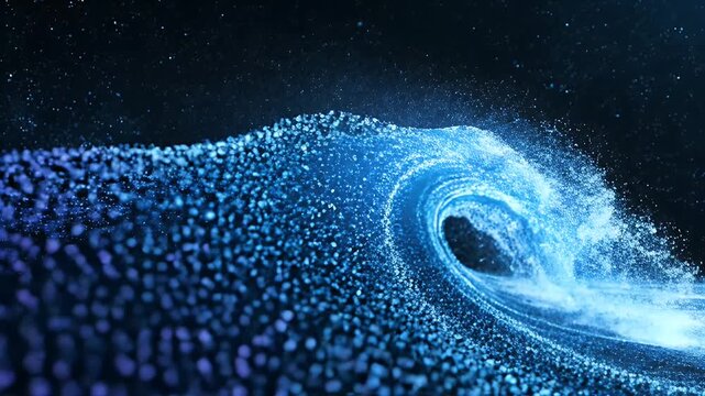 Abstract Blue Particle Wave Formation - This video showcases a mesmerizing abstract wave formation composed of countless shimmering blue particles, set against a dark background dotted with stars.