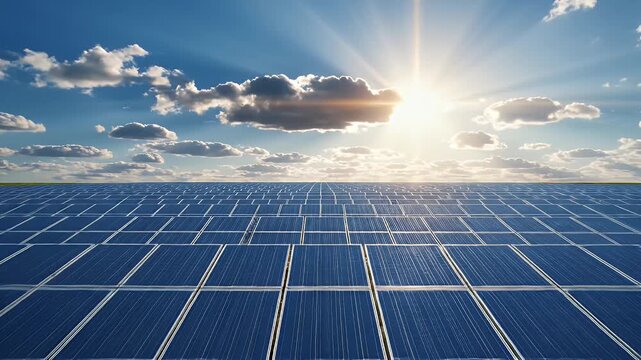 Solar Panel Array Under Blue Sky - A large array of blue solar panels stretches towards the horizon under a bright blue sky with scattered clouds.