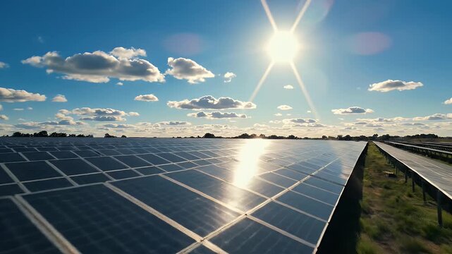 Solar Panel Array Under Blue Sky - A large array of blue solar panels is shown under a vibrant blue sky with scattered clouds.