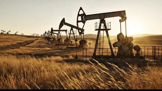 Oil pump jacks in dry field energy industry landscape