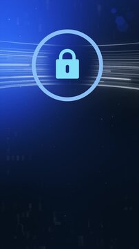 Vertical 4K Tech Blue Secure Data Background. Mobile Cybersecurity Lock with Flowing Data Lines for Secure Apps.