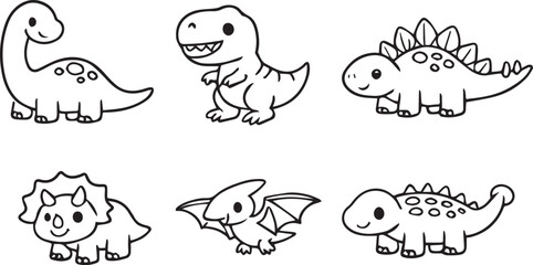 A collection of cute hand-drawn dinosaur characters for children to color and learn about history Vector © Navila