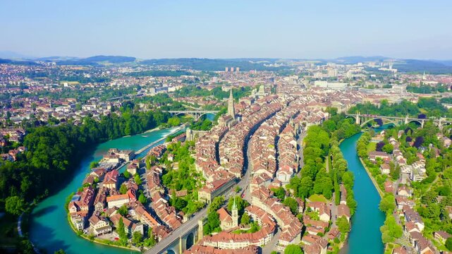 Bern, Switzerland. Historic city center, general view, Aare river. Drone footage