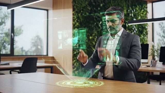 Businessman Interacting with Net Zero Hologram - A businessman in a modern office interacts with a futuristic holographic interface displaying data and a 3D building model, possibly related to